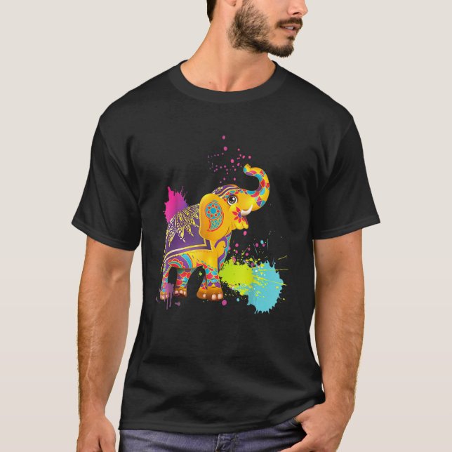 Lycklig Holi Färg India Hindu Vår Elephant Hol T Shirt (Framsida)