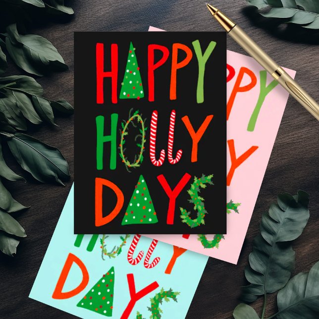 LYCKLIG HOLLY DAYS Sweet Helgdag jul Vykort (Happy Holly Days cute quirky handmade Christmas postcard)