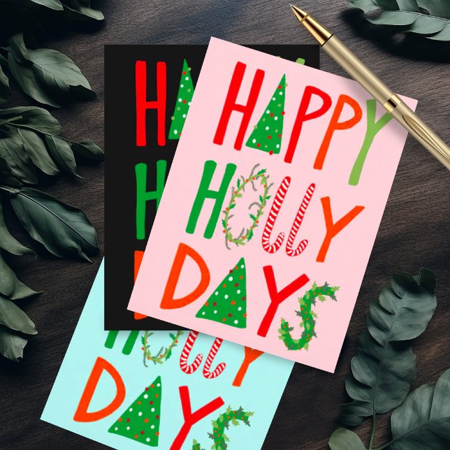 LYCKLIG HOLLY DAYS Sweet Helgdag jul Vykort (Happy Holly Days cute quirky handmade Christmas postcard)