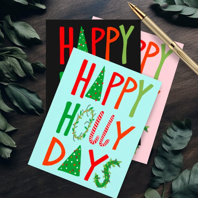 LYCKLIG HOLLY DAYS Sweet Helgdag jul Vykort (Happy Holly Days cute quirky handmade Christmas postcard)