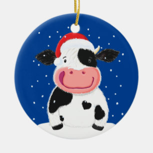 Lycklig Holstein-kon i julen i Snö Julgransprydnad Keramik