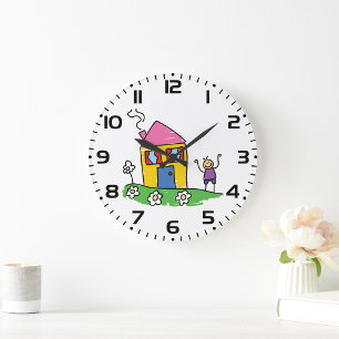 Lycklig Home Colorful House och Stick figur Stor Klocka