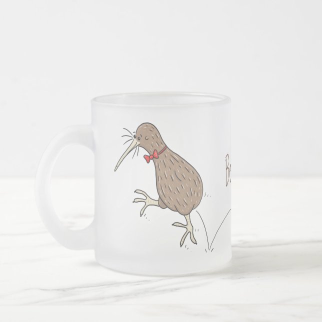 Lycklig-hoppande kiwi med tecknad för buggtid frostad glasmugg (Vänster)