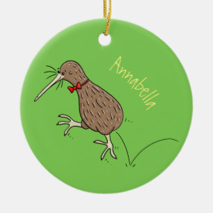 Lycklig-hoppande kiwi med tecknad för buggtid julgransprydnad keramik
