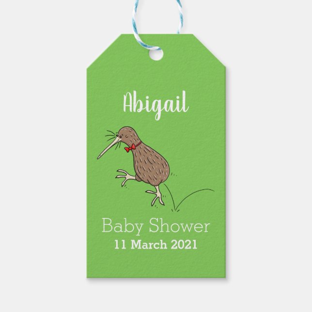 Lycklig-hoppande kiwi med tecknad för buggtid presentetikett (Framsidan)