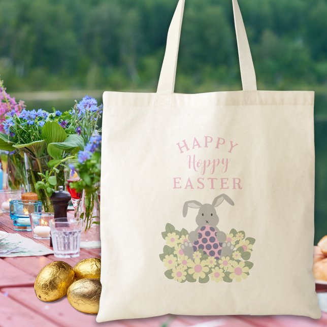 Lycklig Hoppy Påsk Cute Bunny Blommigt Tygkasse (Happy hoppy easter egg hunt cute bunny spring daisy floral pink tote bag)