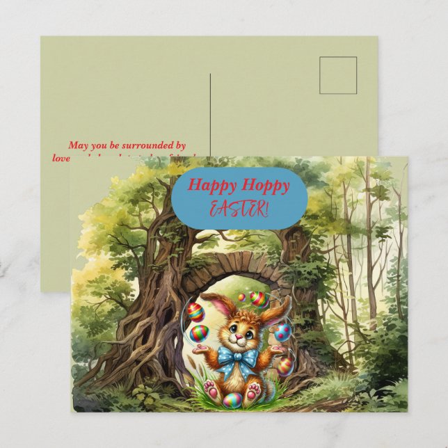 Lycklig Hoppy Påsk Rabbit Eggs Vykort (Fram/baksida)