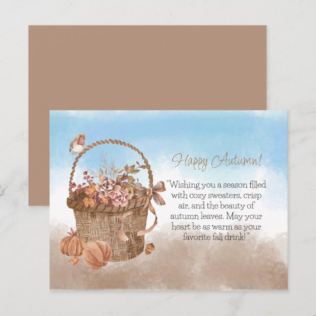 Lycklig höstblomma Basket Pumpkin Bird Vykort (Fram/baksida)
