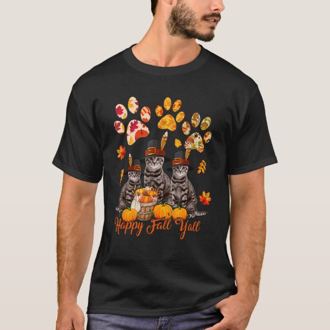 Lycklig Hösten Y Thanksgiving Tre katter Fall Ca T Shirt (Framsida)