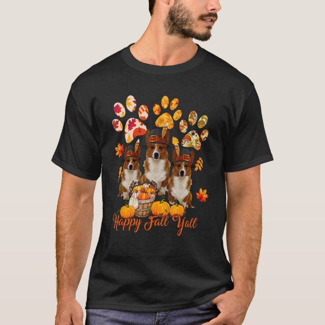 Lycklig Hösten Y'all Thanksgiving Tre Corgis Fall T Shirt (Framsida)