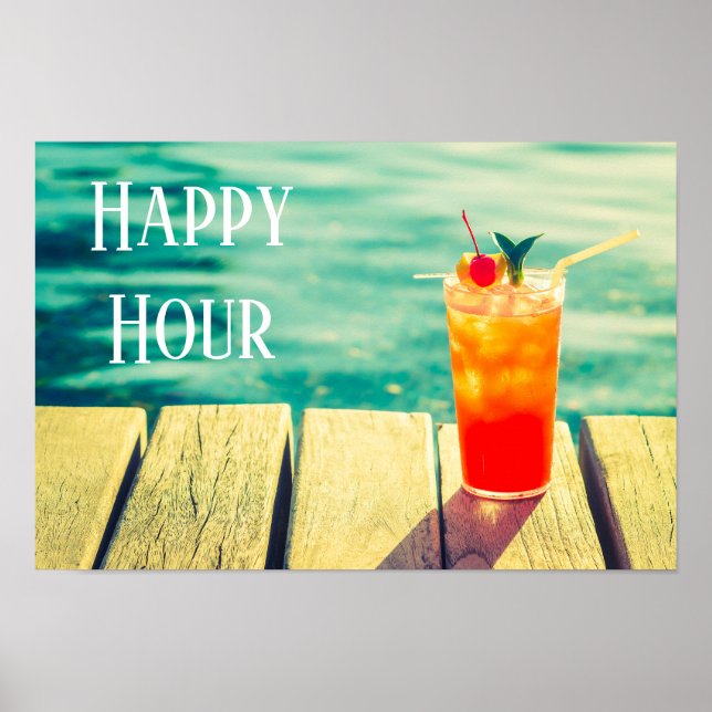 Lycklig Hour-slogan Retro-cocktail sunset bassäng  Poster (Framsidan)