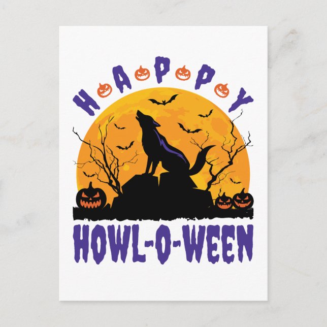 Lycklig Howl O Ween Halloween Howling Varg Hund Vykort (Framsida)
