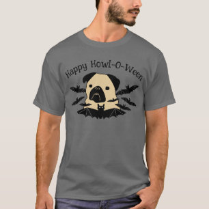 Lycklig Howl-O-Ween Pug med Fladdermus T Shirt
