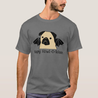 Lycklig Howl-O-Ween Pug med Fladdermus Vingar T Shirt