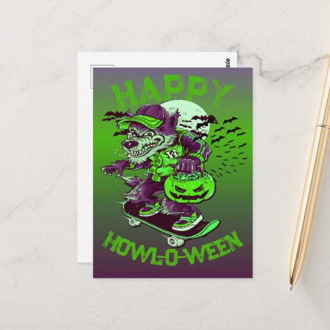 Lycklig Howl-o-ween Varg Riding på Skateboard Vykort (Fram/Back In Situ)