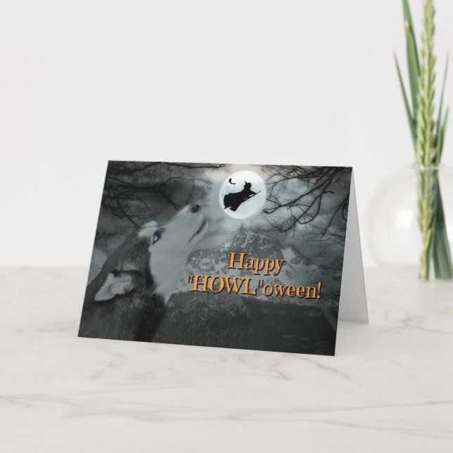 Lycklig "Howl"oween Husky Hund and Witch Card Kort (Framsida)