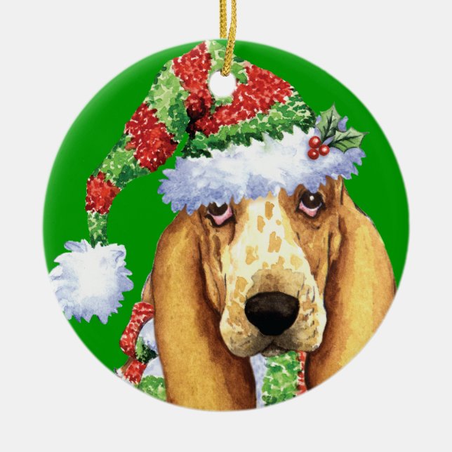 Lycklig Howliday Basset Julgransprydnad Keramik (Framsidan)