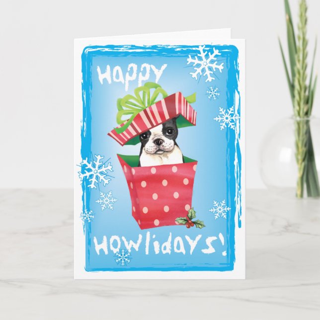 Lycklig Howliday Boston Terrier Helgkort (Framsida)