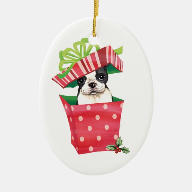 Lycklig Howliday Boston Terrier Julgransprydnad Keramik (Framsidan)