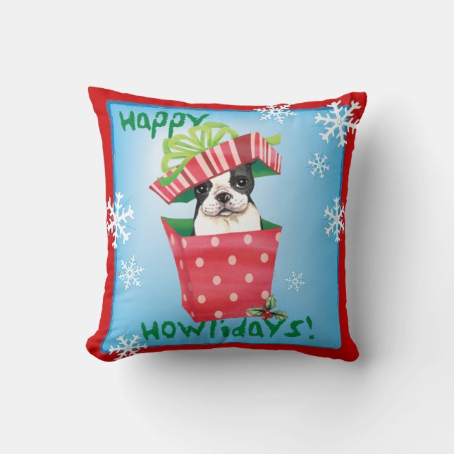 Lycklig Howliday Boston Terrier Kudde (Framsida)