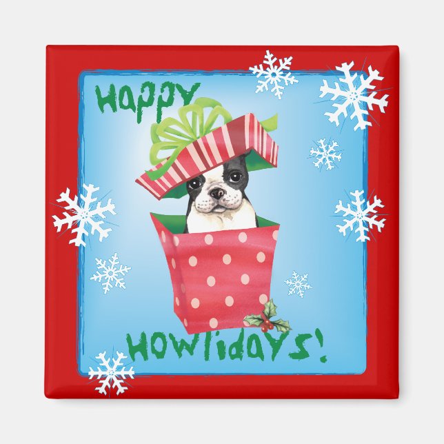 Lycklig Howliday Boston Terrier Magnet (Framsidan)