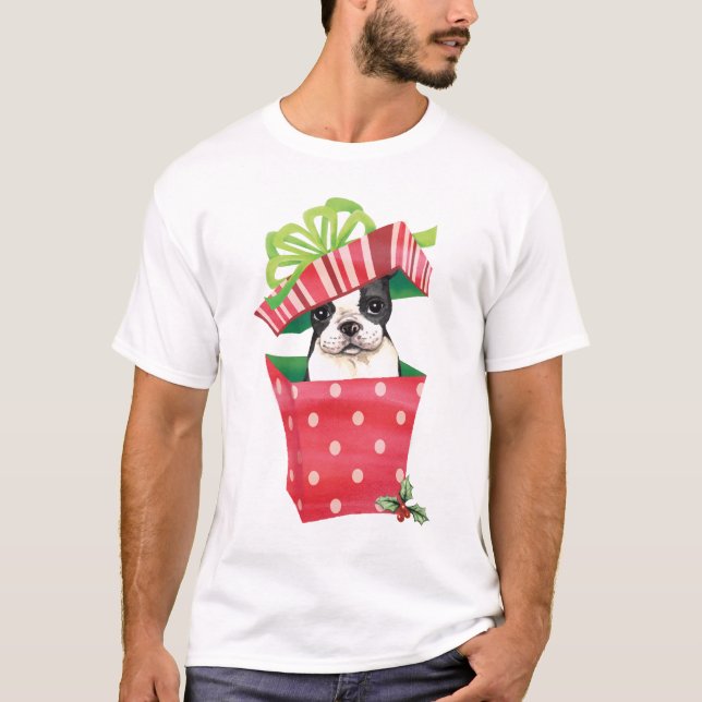 Lycklig Howliday Boston Terrier Tee Shirt (Framsida)