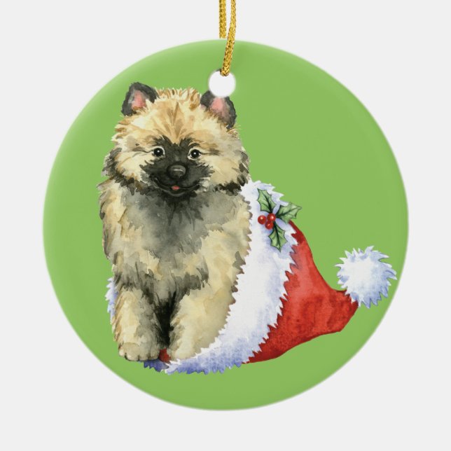 Lycklig Howliday Keeshond Julgransprydnad Keramik (Framsidan)