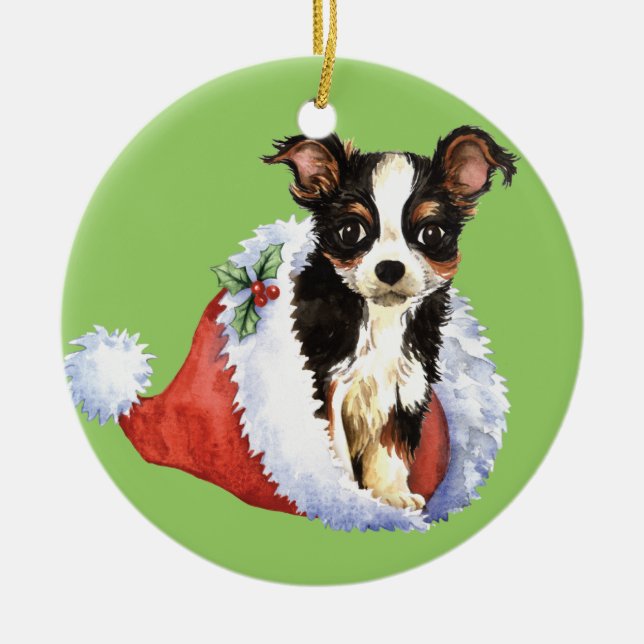 Lycklig Howliday lång lagChihuahua Julgransprydnad Keramik (Framsidan)