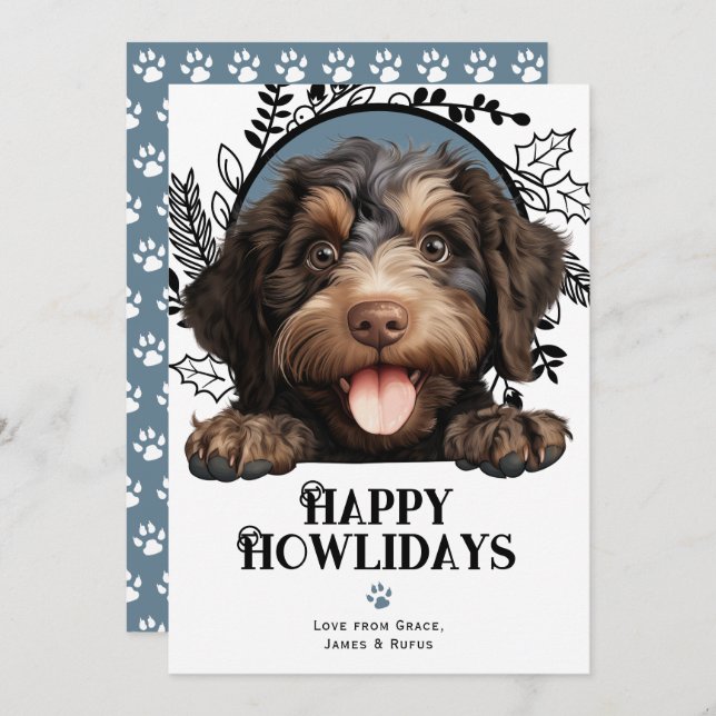 Lycklig Howlidays Barbet Hund jul Julkort (Fram/baksida)