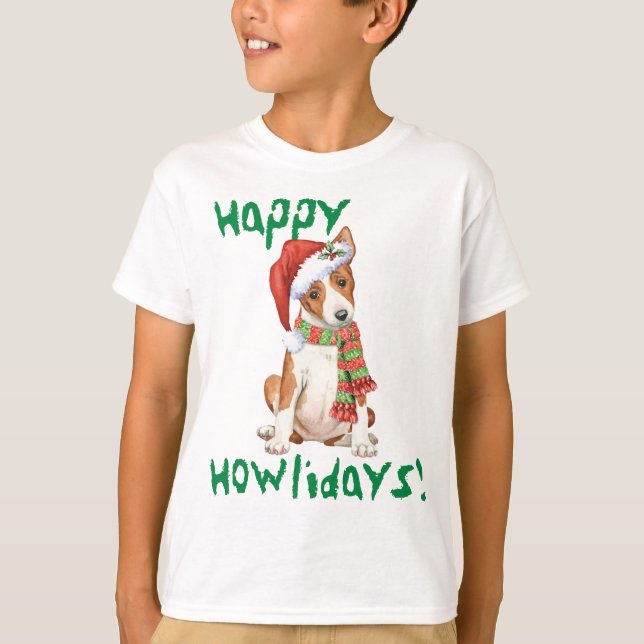 Lycklig Howlidays Basenji T-Shirt (Framsida)