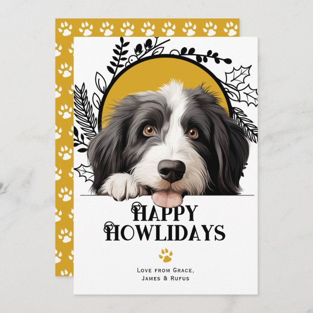 Lycklig Howlidays Bearded Collie Hund jul Julkort (Fram/baksida)