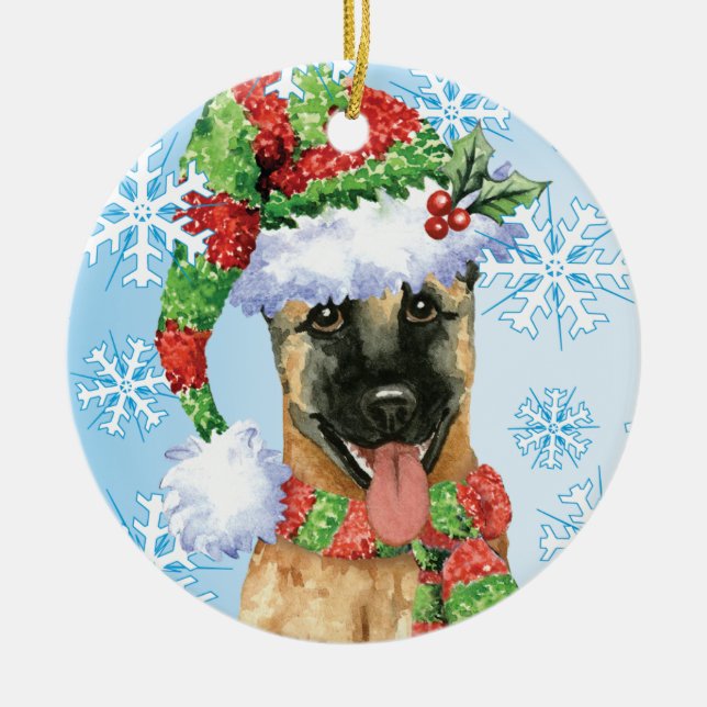 Lycklig Howlidays belgare Malinois Julgransprydnad Keramik (Framsidan)