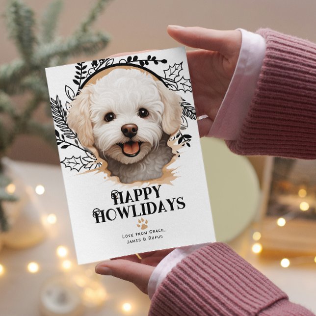 Lycklig Howlidays Bichon Frise Hund jul Julkort (Happy Howlidays Bichon Frise Dog Christmas Holiday Cards by Ricaso. Cute Bichon breed holiday card)