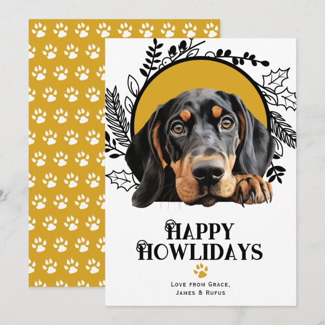 Lycklig Howlidays Black Tan Coonhound Hund jul Julkort (Fram/baksida)