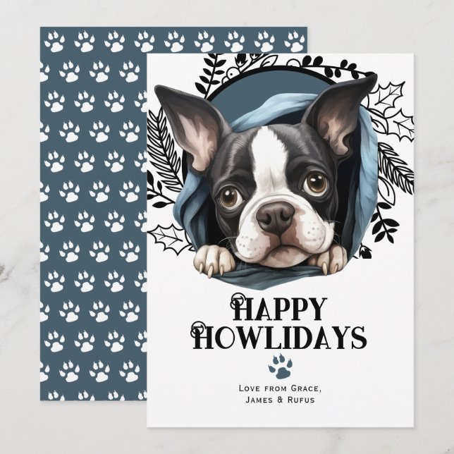 Lycklig Howlidays Boston Terrier Hund jul Julkort (Fram/baksida)