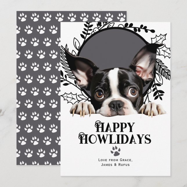 Lycklig Howlidays Boston Terrier Hund jul Julkort (Fram/baksida)