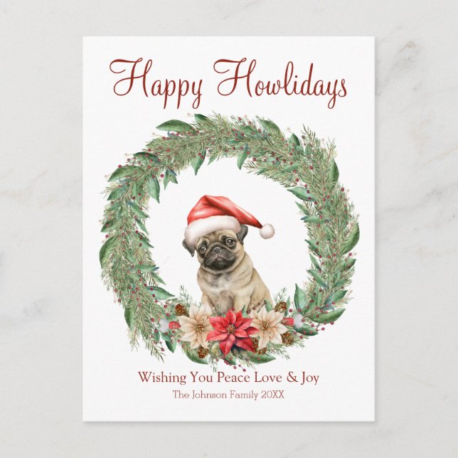 Lycklig Howlidays Cute Pug Hund Helg Vykort (Framsida)