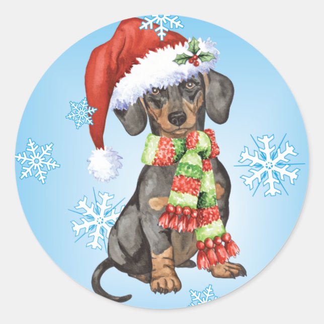 Lycklig Howlidays Dachshund Runt Klistermärke (Framsida)
