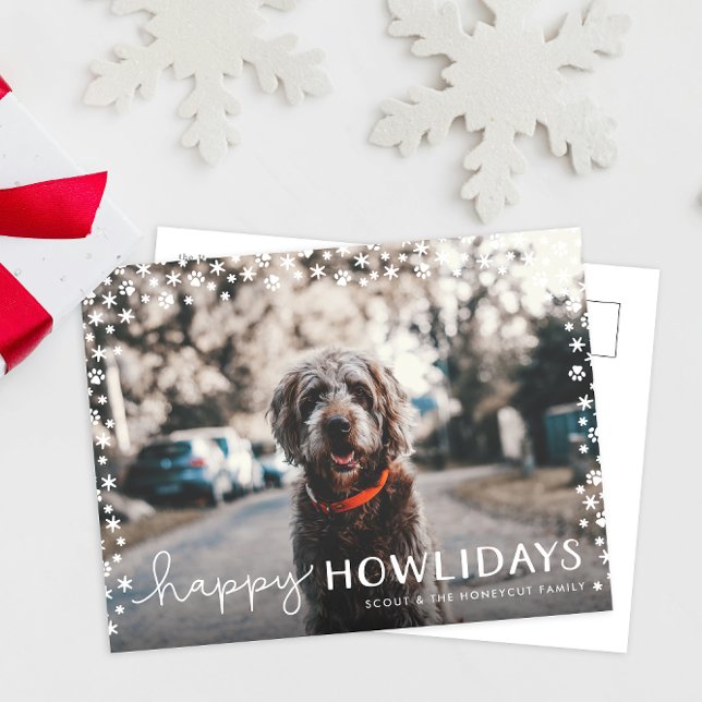Lycklig Howlidays Djurälskare Helgdag Fotovykort Helg Vykort (paw print snowflakes happy howlidays funny cute pet dog Christmas card postcard)