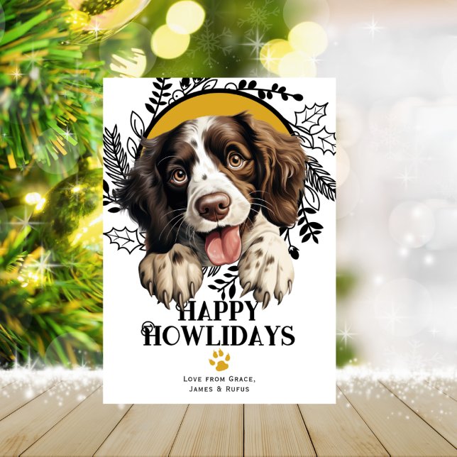 Lycklig Howlidays English Springer Spain jul Julkort (Happy Howlidays English Springer Spaniel Christmas Holiday Card by Ricaso. Printed or digital )