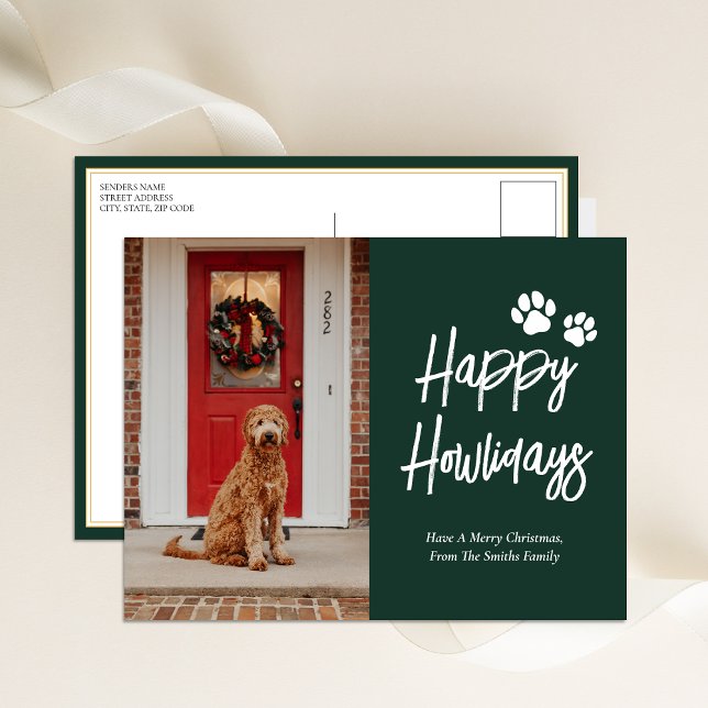Lycklig Howlidays Grönt Calligraphy Pet Photo Helg Vykort (Skapare uppladdad)