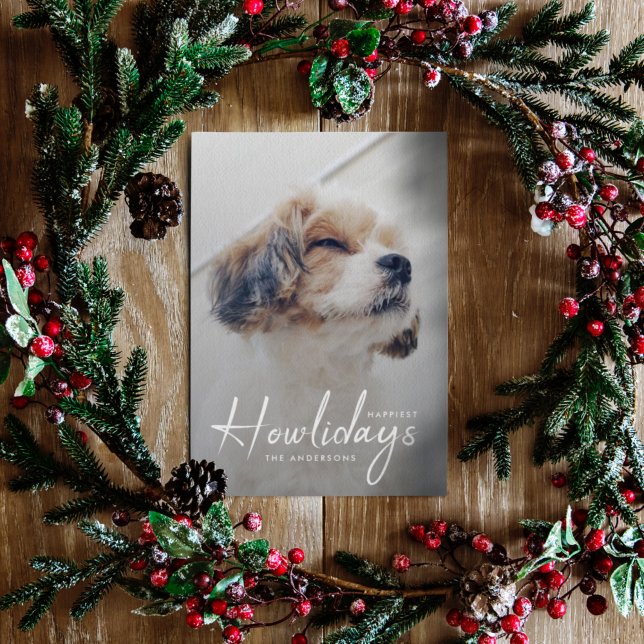 Lycklig Howlidays | Hund Photo Forest Grönt jul Julkort (An adorable Christmas pet photo "Happiest Howlidays" card to celebrate your furry friend)