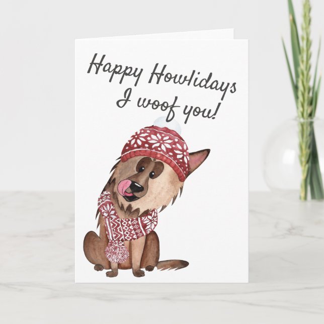 Lycklig Howlidays I Woof You German Shepherd in ha Helgkort (Framsida)