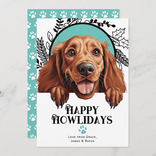 Lycklig Howlidays Irish Setter Hund jul Julkort (Fram/baksida)