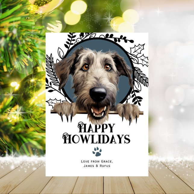 Lycklig Howlidays Irish Wolfhound Hund jul Julkort (Happy Howlidays Irish Wolfhound Dog Christmas Holiday Cards by Ricaso. Cute breed holiday cards)
