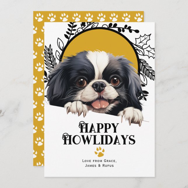 Lycklig Howlidays japanska chin-Hund jul Julkort (Fram/baksida)