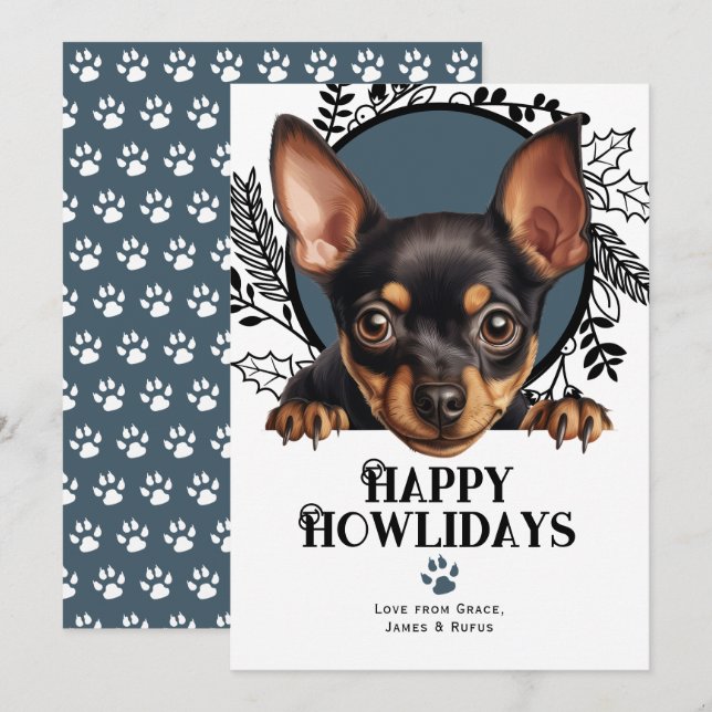 Lycklig Howlidays Miniature Pinscher Hund jul Julkort (Fram/baksida)