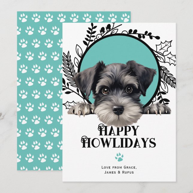 Lycklig Howlidays Miniatyr Schnauzer Hund jul Julkort (Fram/baksida)