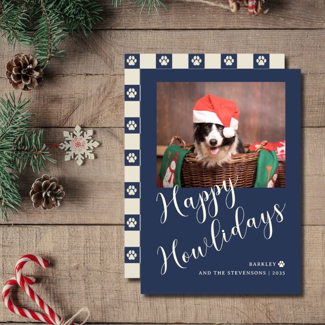 Lycklig Howlidays Navy Blue Hund Photo Julkort (Skapare uppladdad)