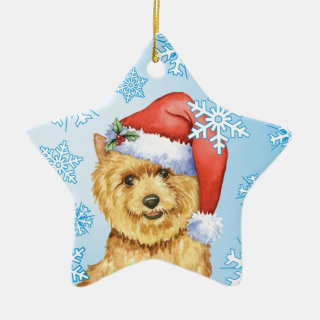 Lycklig Howlidays Norwich Terrier Julgransprydnad Keramik (Framsidan)